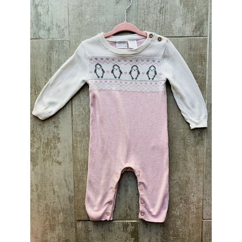 KOALA BABY Knit Sweater One Piece Outfit Coverall White Pink Soft Penguins 3-6m
